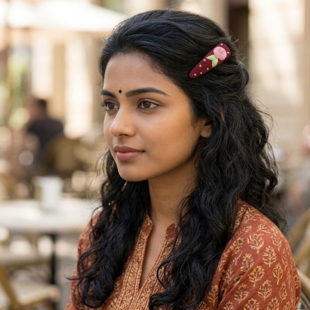 Woman with long dark hair wearing a floral hair clip in an outdoor setting