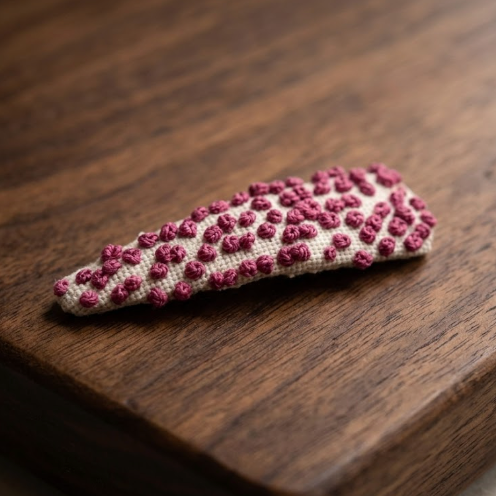 Decorative hair clip with red berries on a wooden surface