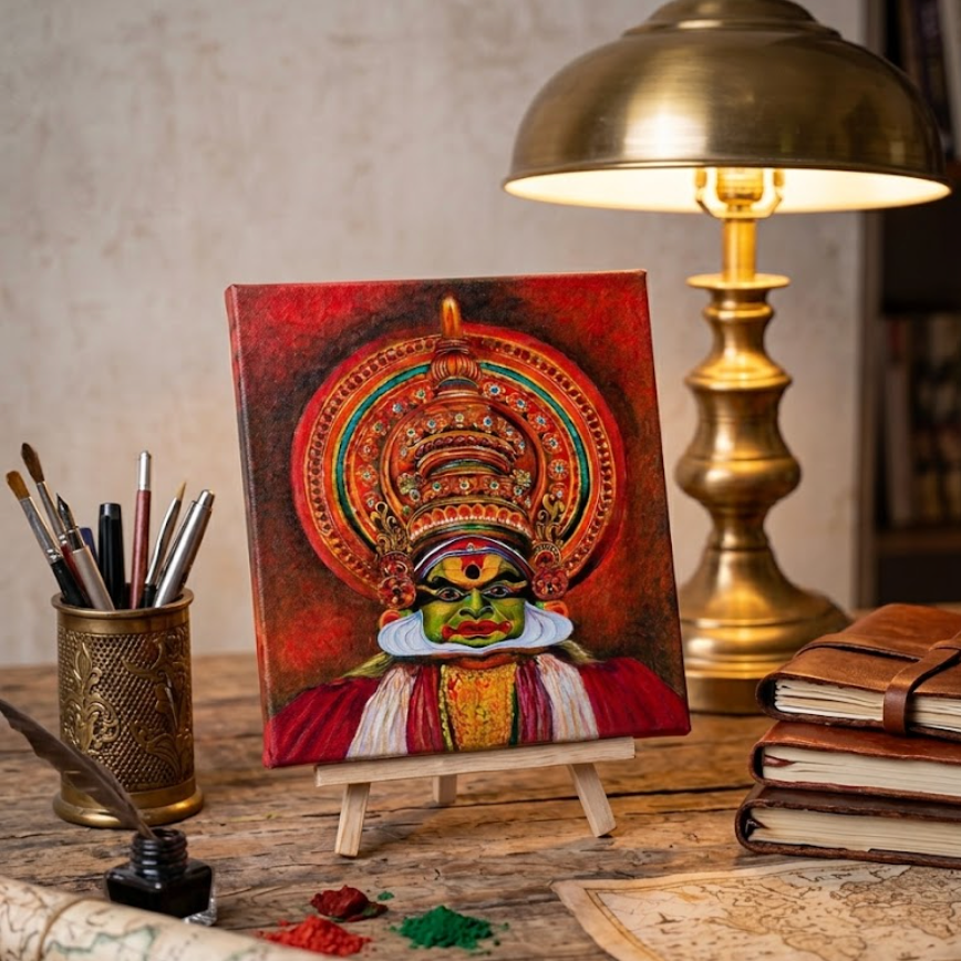 Small painting on an easel with a lamp, books, and stationery items on a wooden surface.