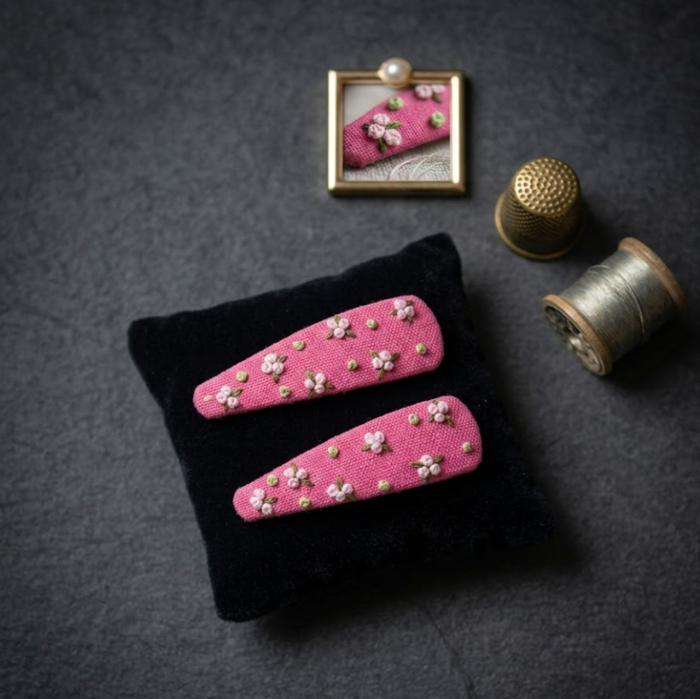 Pink hair clips with floral embellishments on a black stand, with a thimble and spool of thread in the background.