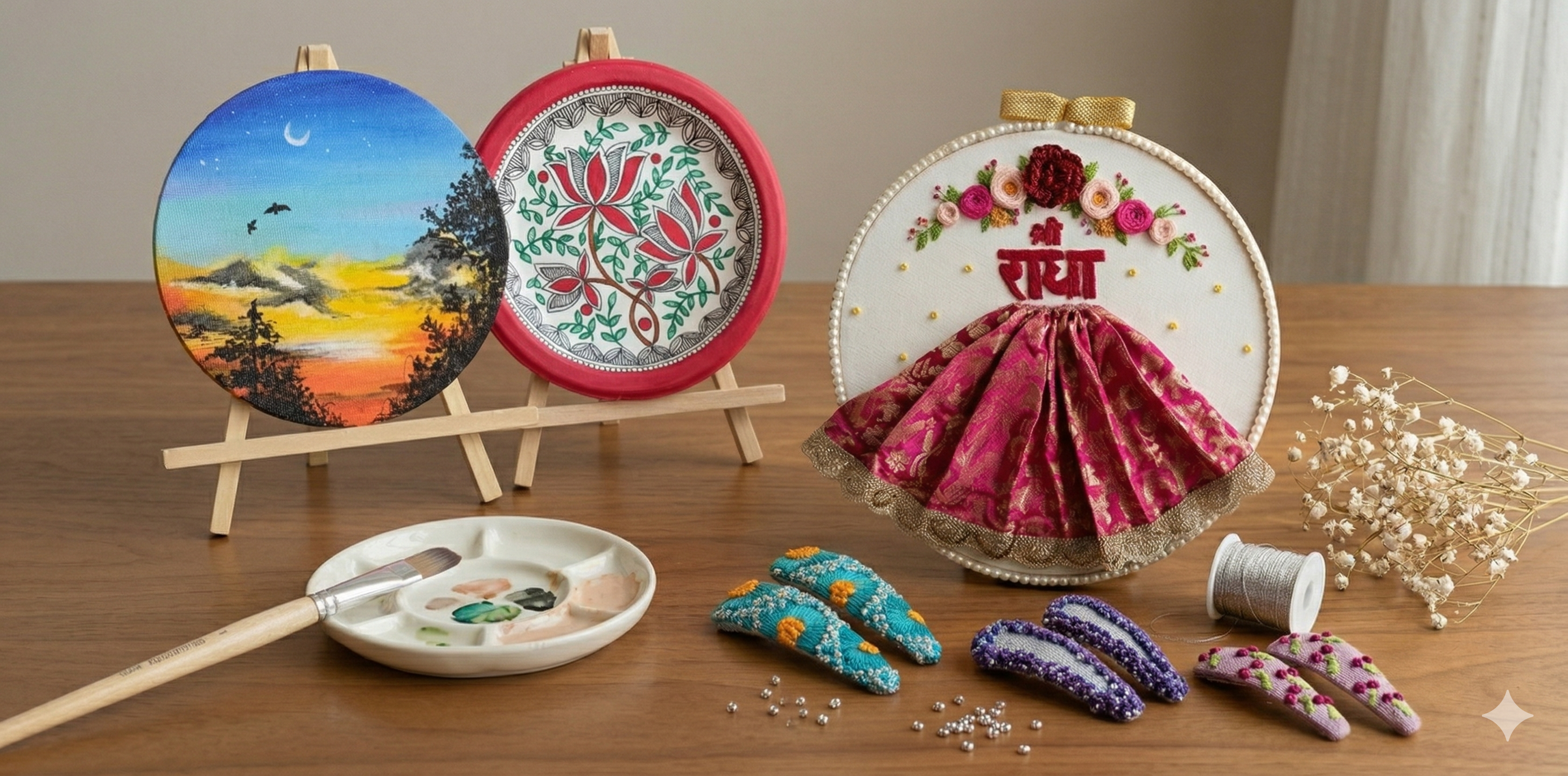 Three embroidery hoops with colorful designs on a wooden table.