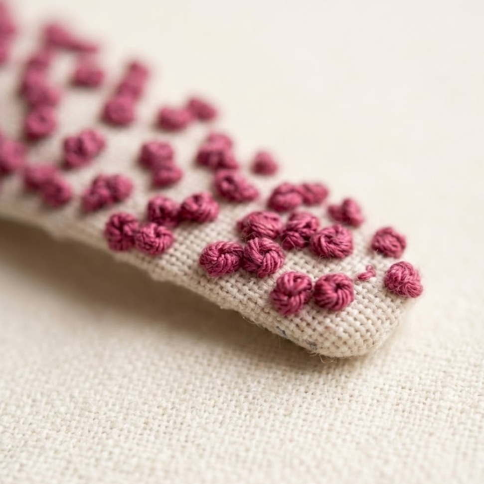 Textile product with pink yarn balls on a beige background