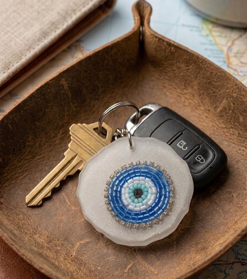 Keychain with decorative eye design on a wooden surface