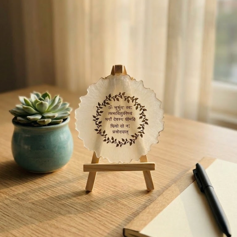 Decorative plate with text on a small easel next to a potted plant and notebook on a wooden surface.
