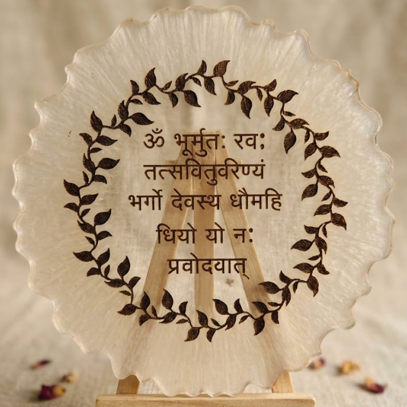 Decorative plate with engraved text and leaf design on a wooden stand.