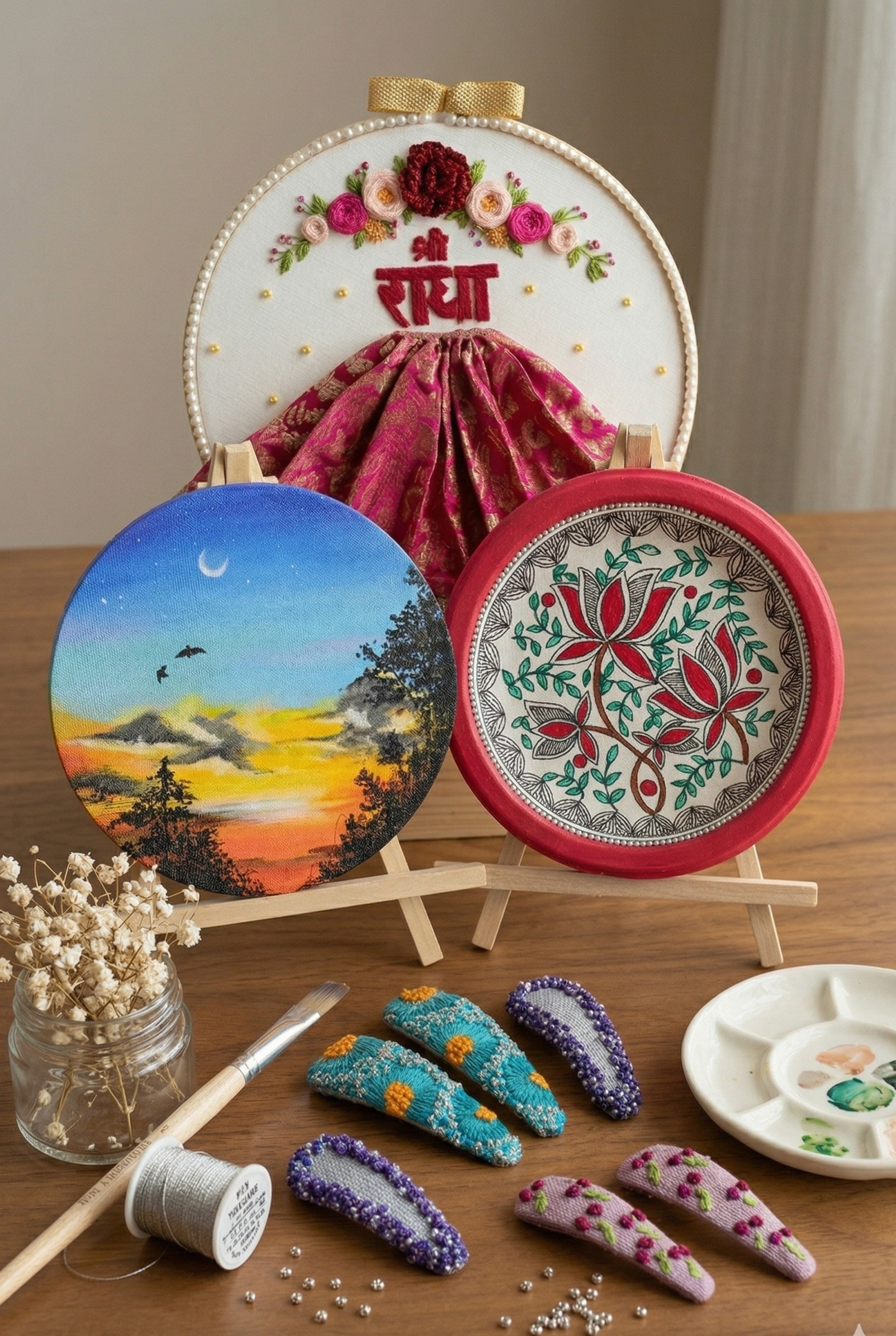 Decorative embroidery hoop with floral design, landscape scene, and colorful beads on a wooden surface.