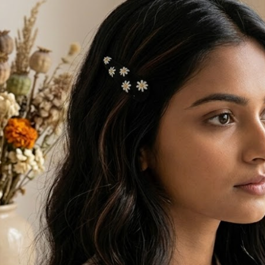 Woman with floral hairpins in her hair, with a neutral background
