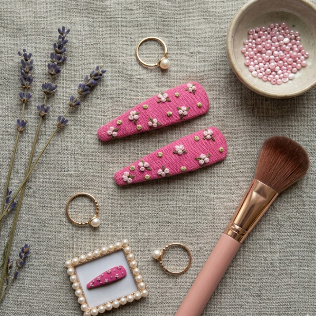 Pink hair clips with floral details on a textured surface with lavender, a brush, and jewelry.